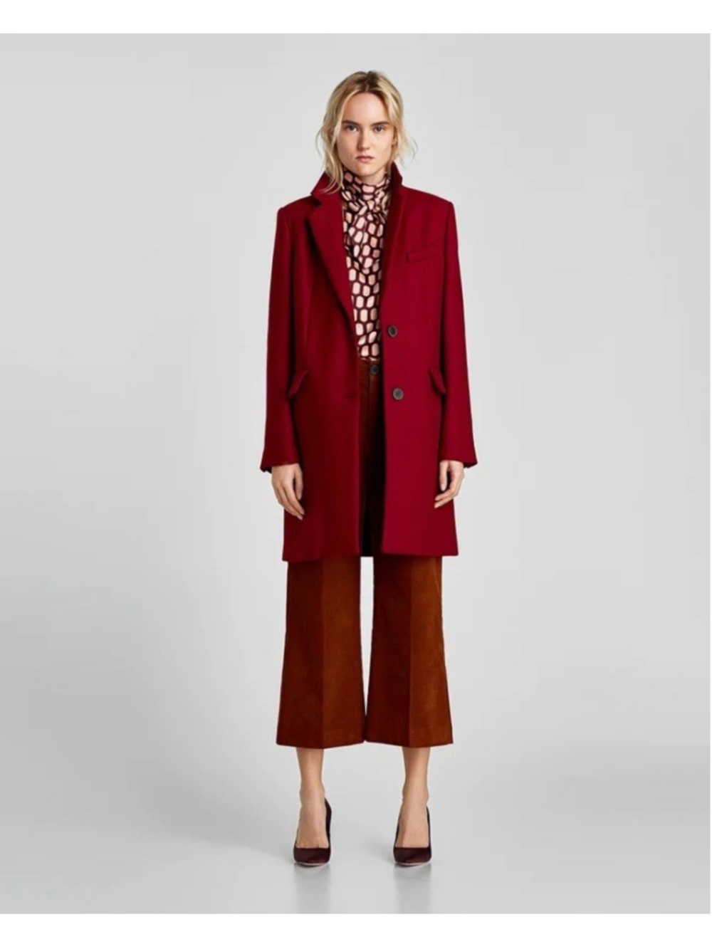 Zara Wool Blend Long Coat Burgundy Red Tailored Blazer Women's S Classic Luxuary